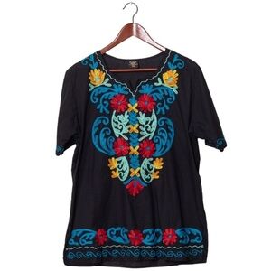 Omja World Embroidered Cotton Short Sleeve Blouse Black 1XL Lightweight Boho